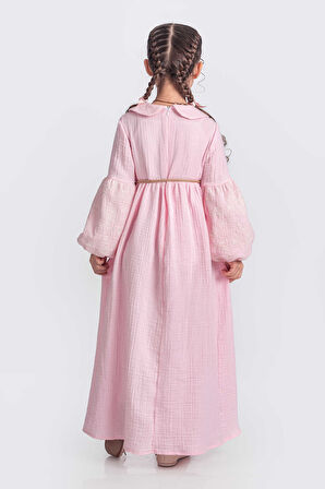 Pembe Müslin Kumaş Bebe Yaka Kız Çocuk Uzun Kol  Elbise 1679