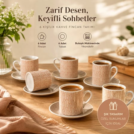 Porsima Sd-210-5 Porselen 6 Kişilik Fincan Seti 12 Parça Türk Kahvesi Fincanı Takımı-100ml