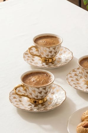Porsima Sd-230 12 Parça Altın Yaldızlı Porselen Türk Kahve Fincan Takımı - 90ml Kahve Fincan Seti