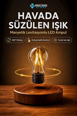 Manyetik Havada Asılı Dönen LED Ampul Lamba – Dokunmatik, 360° Dönüşlü Ahşap Görünümlü Masa Lambası