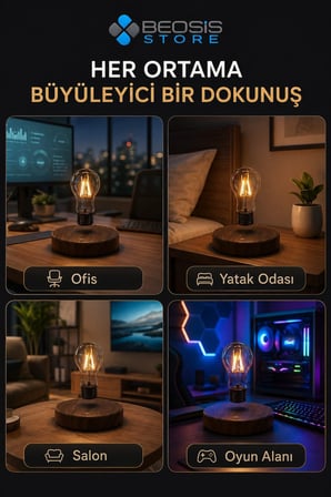 Manyetik Havada Asılı Dönen LED Ampul Lamba – Dokunmatik, 360° Dönüşlü Ahşap Görünümlü Masa Lambası
