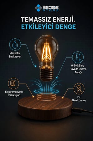 Manyetik Havada Asılı Dönen LED Ampul Lamba – Dokunmatik, 360° Dönüşlü Ahşap Görünümlü Masa Lambası