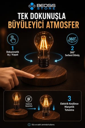 Manyetik Havada Asılı Dönen LED Ampul Lamba – Dokunmatik, 360° Dönüşlü Ahşap Görünümlü Masa Lambası