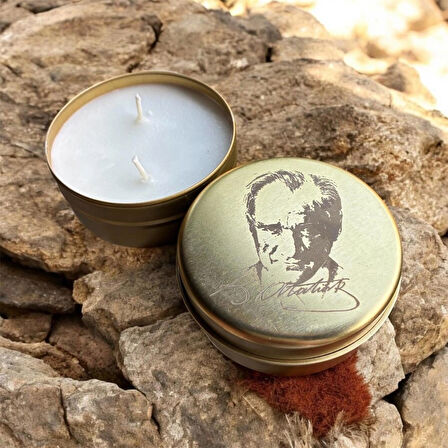ATATÜRK İşlemeli Dekoratif Hediyelik Soya Mum(WAX) Metal Kutulu %100 Doğal Soya Mum , El Yapımı