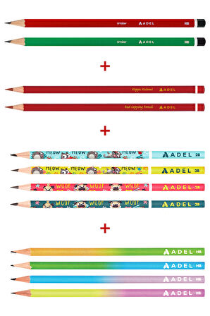 Karışık Kurşun Kalem 12’li Set,Kırmızı Kalem,Mercanlı Kurşun Kalem,Pastel ve Hayvan Desenli Kalemler