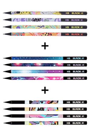Blackline Karışık Kurşun Kalem 12'li Set,Uzay Desenli,Neon,Mozaik Desenli Konsept Kurşun Kalemler