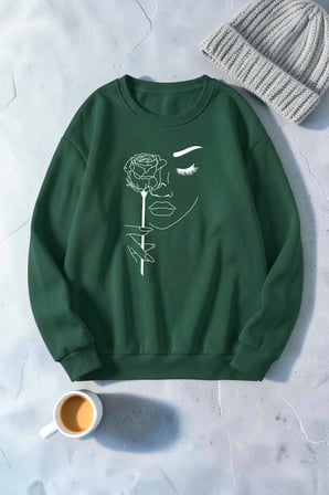 Unisex Gül & Silüet Baskılı Bisiklet Yaka Sweatshirt