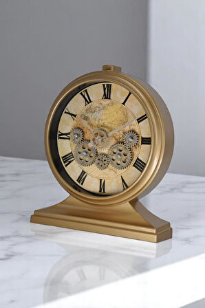 Efe Mark Premium Serisi Modern Kadranlı Döner Çarklı 32x28 CM Ev ve Ofis Masa ve Duvar Saati Roma Rakamlı Harita Baskılı Gold