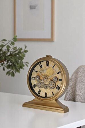 Efe Mark Premium Serisi Modern Kadranlı Döner Çarklı 32x28 CM Ev ve Ofis Masa ve Duvar Saati Roma Rakamlı Harita Baskılı Gold