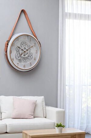 Efe Mark Premium Serisi Antik Eskitme Döner Çarklı Retro Tasarım 40 cm Ev ve Ofis Duvar Saati Rakamlı Beyaz-Gold