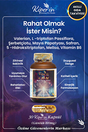 Kiperin Calm ''Relax'' Passiflora, Safran, 5-HTP, Valerian, ... 9 İçerik (30 Günlük) | Akıllı Gıda Takviyesi