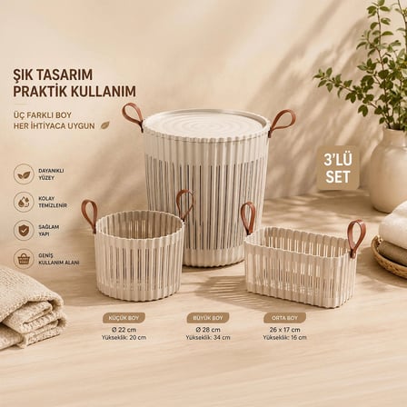 Porsima 4315 Cappuccino 3'lü Sepet Seti – Banyo Mutfak Organizeri, Tezgah Üstü ve Kirli Çamaşır Sepeti