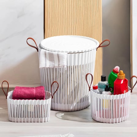 Porsima 4316 Beyaz 3'lü Sepet Seti – Banyo Mutfak Organizeri, Tezgah Üstü ve Kirli Çamaşır Sepeti