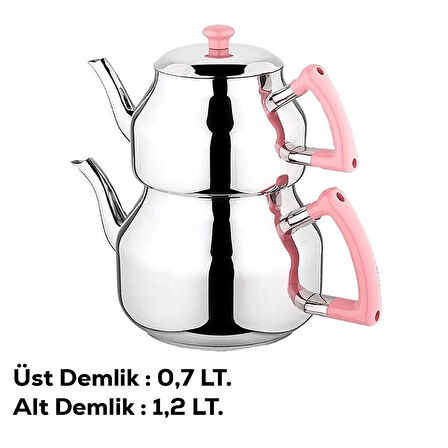 Özkent K-313 Pembe Marmaris Mini Boy Paslanmaz Çelik Indüksiyon Tabanlı 0.7-1.2 Lt Çaydanlık Takımı