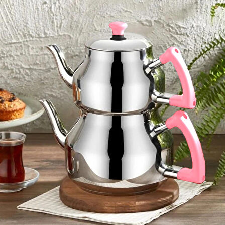Özkent K-313 Pembe Marmaris Mini Boy Paslanmaz Çelik Indüksiyon Tabanlı 0.7-1.2 Lt Çaydanlık Takımı