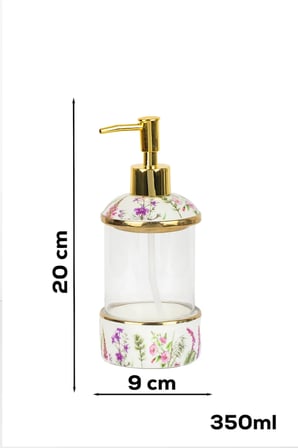 Porsima 3127-1 Gold Kapaklı Porselen ve Cam Sıvı Sabunluk – Çiçek Desenli ve Şeffaf Tasarım 350 ml