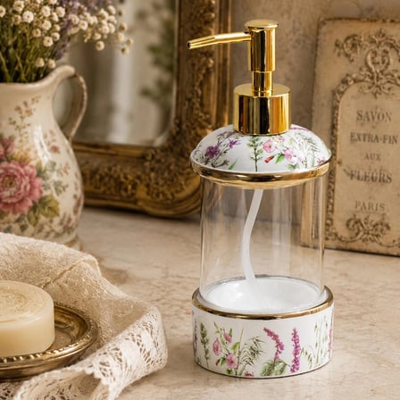 Porsima 3127-1 Gold Kapaklı Porselen ve Cam Sıvı Sabunluk – Çiçek Desenli ve Şeffaf Tasarım 350 ml