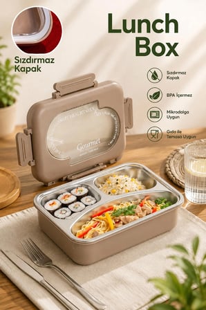 Porsima 3010-1 Paslanmaz Çelik 3 Bölmeli Vakumlu Yemek Termosu Beslenme Kutusu Taşınabilir Lunch Box Sefer Tası - Kahve