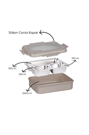 Porsima 3010-1 Paslanmaz Çelik 3 Bölmeli Vakumlu Yemek Termosu Beslenme Kutusu Taşınabilir Lunch Box Sefer Tası - Kahve