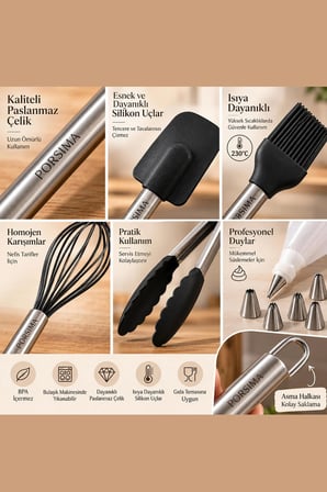 Porsima 3162 10 Parça Pasta ve Tatlı Servis Seti Kek Pasta ve Şekerleme Araçları Siyah