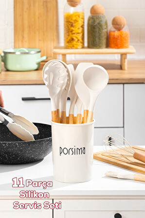 Porsima 3163 Standlı Ahşap Silikon 11 Parça Servis Takımı Seti Beyaz