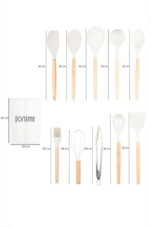 Porsima 3163 Standlı Ahşap Silikon 11 Parça Servis Takımı Seti Beyaz