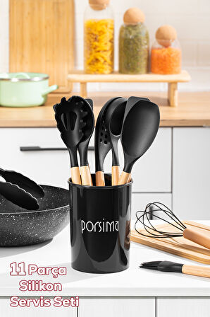 Porsima 3165 Standlı Ahşap Silikon 11 Parça Servis Takımı Seti Siyah