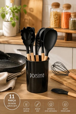 Porsima 3165 Standlı Ahşap Silikon 11 Parça Servis Takımı Seti Siyah