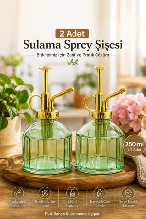 Perotti 15733 2'li Yeşil Vintage Cam Bitki Sulama Şişesi Oda Kokusu Dağıtıcı Cam Dağıtıcı Sprey 250ml