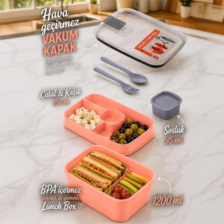 Porsima 3193 Vakumlu Kendinden Kaşık Çatallı Sosluklu Bölmeli Beslenme Çantası - Taşınabilir 2 Katlı Lunch Box - Sefer Tası 1200 Ml Somon