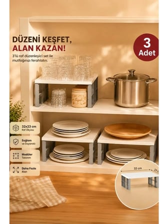 Porsima Org-01 - 3lü Raf Düzenleyici - Dolap Içi Düzenleyici Raf - Tabak Bardak Rafı