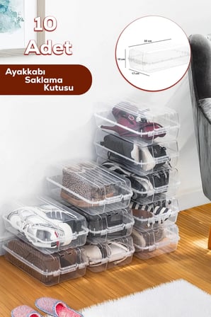 Porsima 3197 10 Adet Kadın ve Çocuk Ayakkabı Saklama Kutusu - Şeffaf Pratik Ayakkabı Kabı Düzenleyici Saklama Seti 
