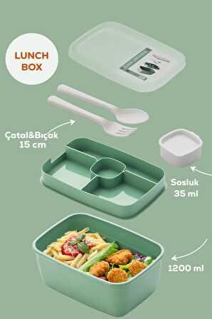 Porsima 3198 Vakumlu Kendinden Kaşık Çatallı Sosluklu Bölmeli Beslenme Çantası - Taşınabilir 2 Katlı Lunch Box - Sefer Tası 1200 Ml Yeşil