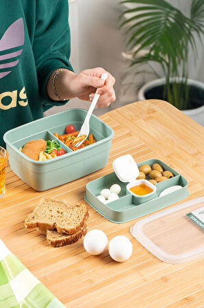 Porsima 3198 Vakumlu Kendinden Kaşık Çatallı Sosluklu Bölmeli Beslenme Çantası - Taşınabilir 2 Katlı Lunch Box - Sefer Tası 1200 Ml Yeşil