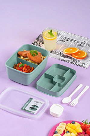 Porsima 3198 Vakumlu Kendinden Kaşık Çatallı Sosluklu Bölmeli Beslenme Çantası - Taşınabilir 2 Katlı Lunch Box - Sefer Tası 1200 Ml Yeşil