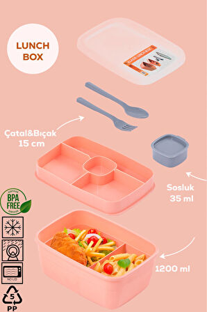 Porsima 3199 Vakumlu Kendinden Kaşık Çatallı Sosluklu Bölmeli Beslenme Çantası - Taşınabilir 2 Katlı Lunch Box - Sefer Tası 1200 Ml Somon
