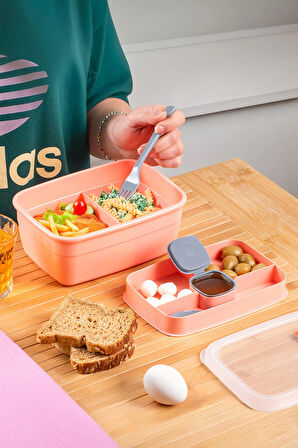 Porsima 3199 Vakumlu Kendinden Kaşık Çatallı Sosluklu Bölmeli Beslenme Çantası - Taşınabilir 2 Katlı Lunch Box - Sefer Tası 1200 Ml Somon