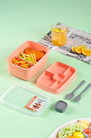 Porsima 3199 Vakumlu Kendinden Kaşık Çatallı Sosluklu Bölmeli Beslenme Çantası - Taşınabilir 2 Katlı Lunch Box - Sefer Tası 1200 Ml Somon