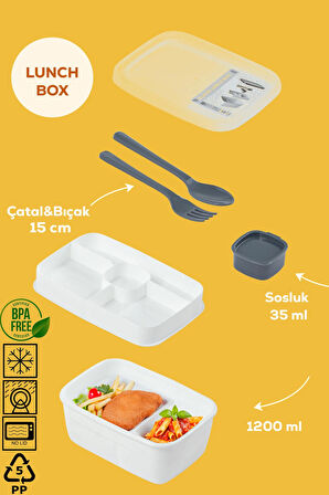 Porsima 3200 Vakumlu Kendinden Kaşık Çatallı Sosluklu Bölmeli Beslenme Çantası - Taşınabilir 2 Katlı Lunch Box - Sefer Tası 1200 Ml Beyaz
