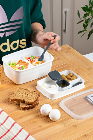 Porsima 3200 Vakumlu Kendinden Kaşık Çatallı Sosluklu Bölmeli Beslenme Çantası - Taşınabilir 2 Katlı Lunch Box - Sefer Tası 1200 Ml Beyaz