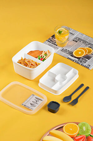 Porsima 3200 Vakumlu Kendinden Kaşık Çatallı Sosluklu Bölmeli Beslenme Çantası - Taşınabilir 2 Katlı Lunch Box - Sefer Tası 1200 Ml Beyaz