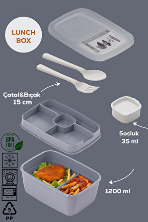 Porsima 3201 Vakumlu Kendinden Kaşık Çatallı Sosluklu Bölmeli Beslenme Çantası - Taşınabilir 2 Katlı Lunch Box - Sefer Tası 1200 Ml Gri
