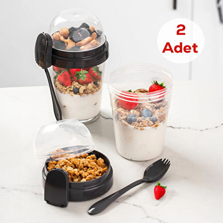 Porsima 4327 2 Adet Yoğurt Kabı – Pratik Taşınabilir Kaşıklı Atıştırmalık Kabı-Antrasit 650ml+200ml 