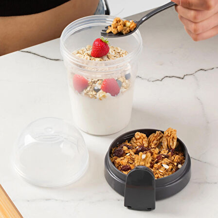 Porsima 4327 2 Adet Yoğurt Kabı – Pratik Taşınabilir Kaşıklı Atıştırmalık Kabı-Antrasit 650ml+200ml 