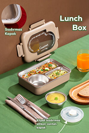 Porsima 3011-1 Paslanmaz Çelik 3 Bölmeli Vakumlu Yemek Termosu Beslenme Kutusu Taşınabilir Lunch Box Sefer Tası - krem