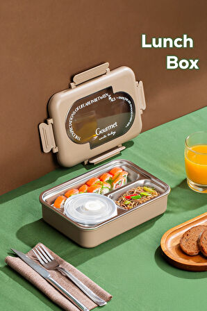 Porsima 3011-1 Paslanmaz Çelik 3 Bölmeli Vakumlu Yemek Termosu Beslenme Kutusu Taşınabilir Lunch Box Sefer Tası - krem