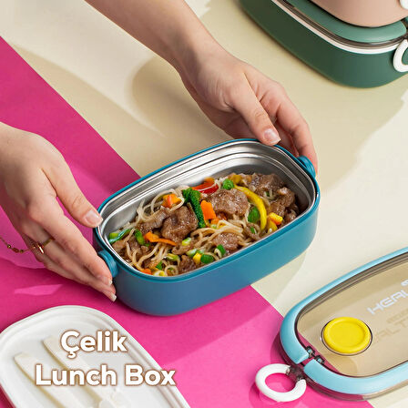 Posima 3114-1 Stainless Steel Vakumlu Lunch Box Tek Katlı Paslanmaz Çelik Kolay Kilitlenir Kendinden Kaşıklı Sefer Tası – 750ml Mavi