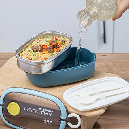 Posima 3114-1 Stainless Steel Vakumlu Lunch Box Tek Katlı Paslanmaz Çelik Kolay Kilitlenir Kendinden Kaşıklı Sefer Tası – 750ml Mavi