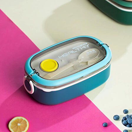 Posima 3114-1 Stainless Steel Vakumlu Lunch Box Tek Katlı Paslanmaz Çelik Kolay Kilitlenir Kendinden Kaşıklı Sefer Tası – 750ml Mavi