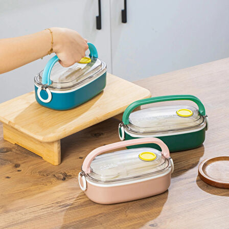 Posima 3114-2 Stainless Steel Vakumlu Lunch Box Tek Katlı Paslanmaz Çelik Kolay Kilitlenir Kendinden Kaşıklı Sefer Tası – 750ml Yeşil